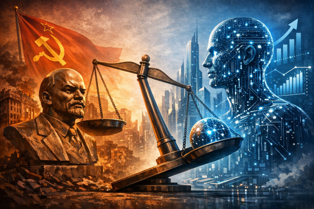 Ideological conflict between state control and technological intelligence represented by a balance scale