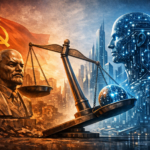 Ideological conflict between state control and technological intelligence represented by a balance scale