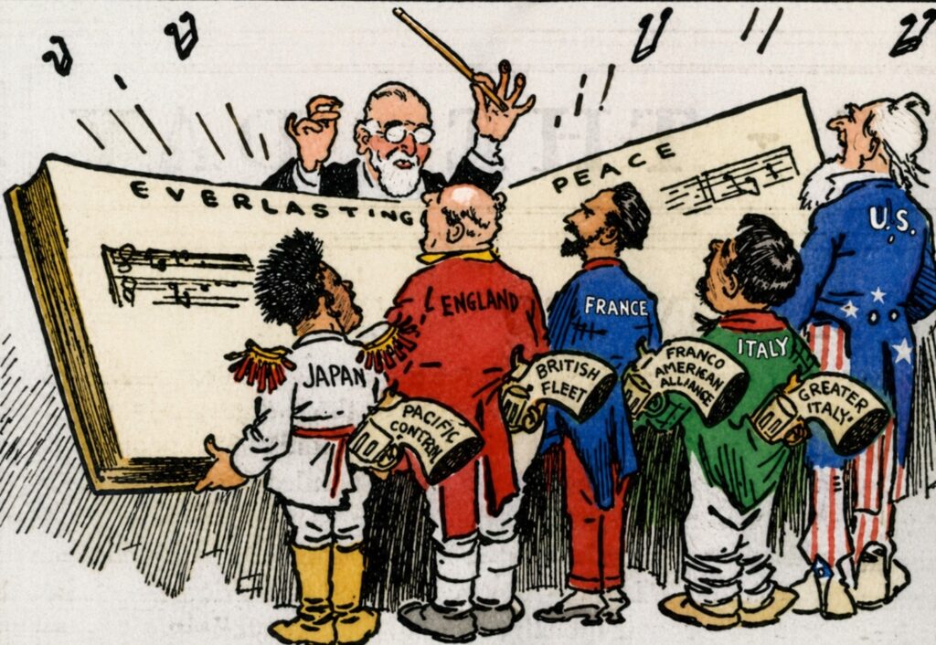 Political cartoon showing Woodrow Wilson conducting nations playing peace music