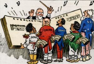 Political cartoon showing Woodrow Wilson conducting nations playing peace music