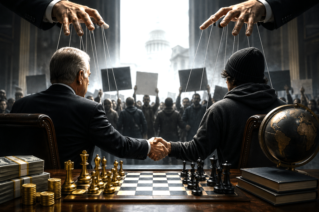 Power alliance between financial elites and radical activism controlling society