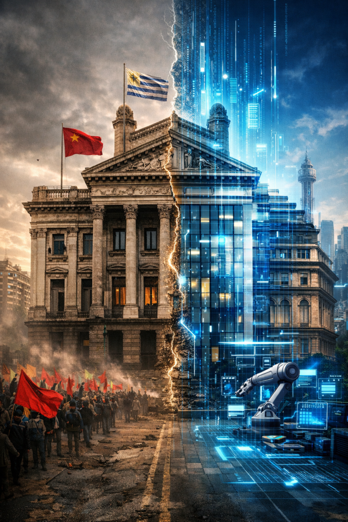 Government building split between old structure and digital transformation