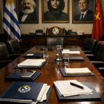 Empty government cabinet room symbolizing ideological control over public administration