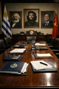 Empty government cabinet room symbolizing ideological control over public administration