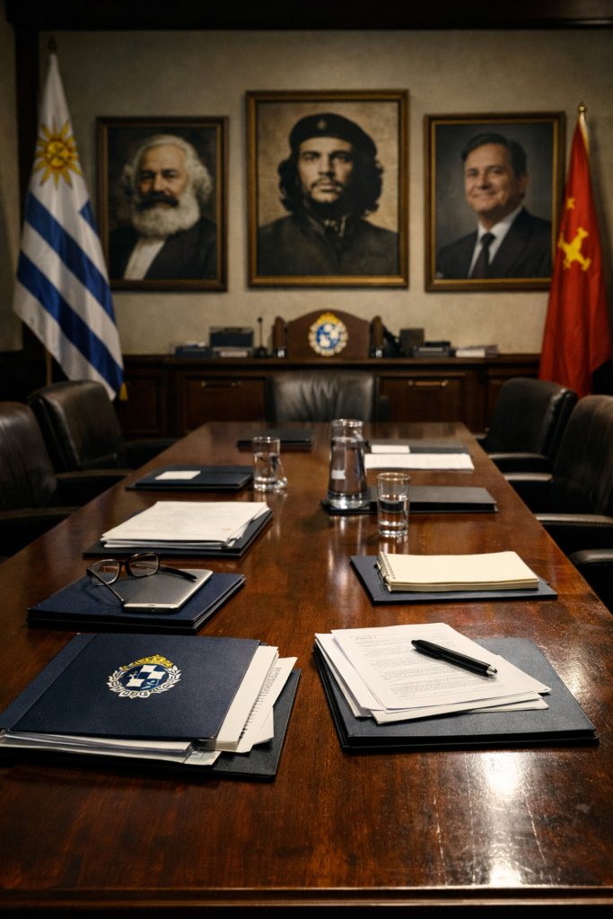 Empty government cabinet room symbolizing ideological control over public administration