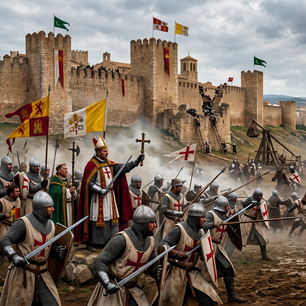 Medieval crusaders besieging a fortified city with religious authority present