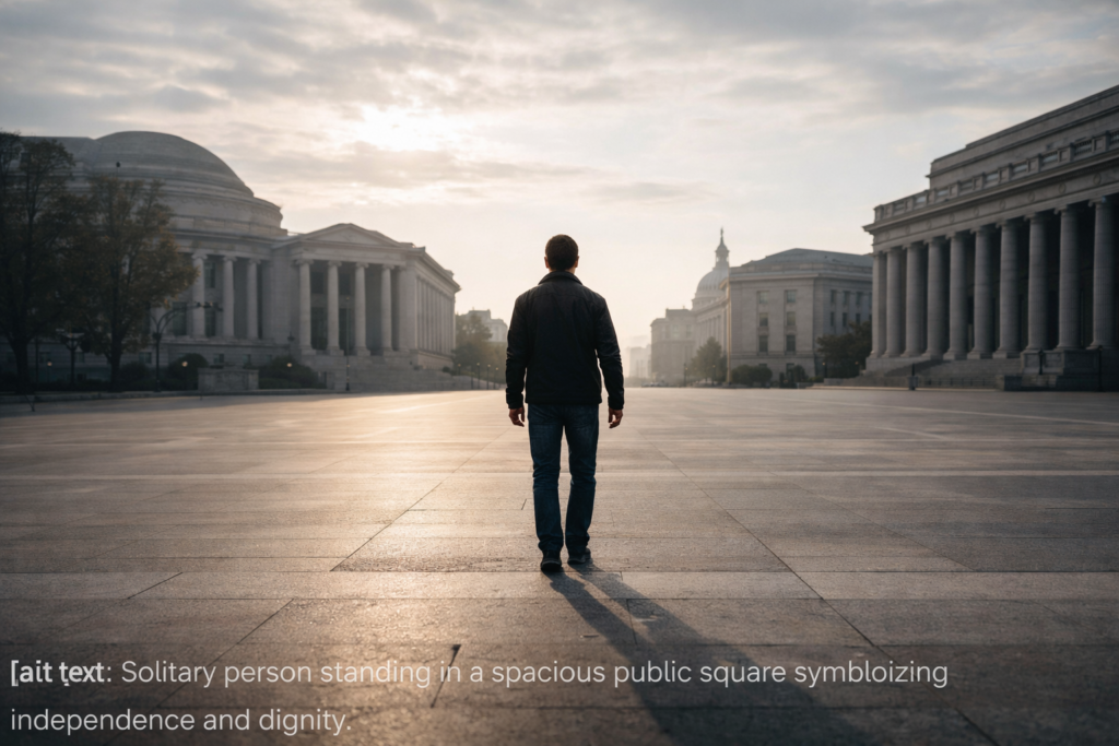 Solitary individual standing in an empty public square representing independence and human dignity