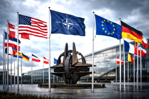 NATO headquarters in Brussels with US and European flags under cloudy sky reflecting geopolitical tension