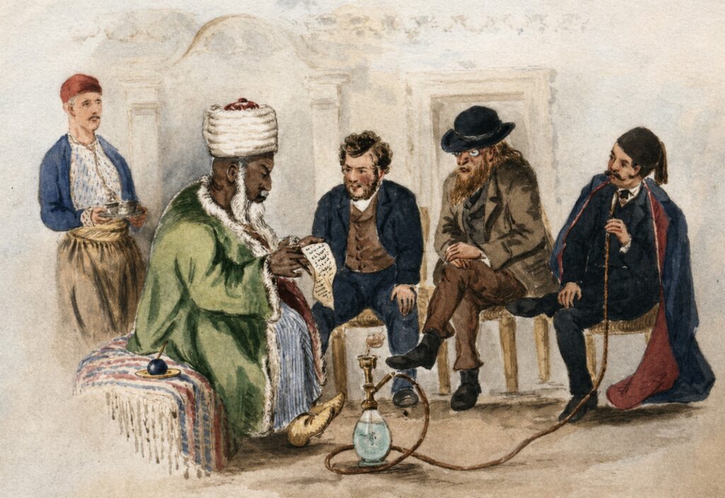 Meeting between Ottoman authority and European visitors in 19th century setting