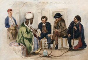 Meeting between Ottoman authority and European visitors in 19th century setting
