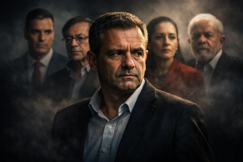 Political leader surrounded by controversial international figures in shadow