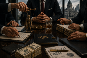 Hands of powerful executives controlling symbolic puppet in high-level political meeting