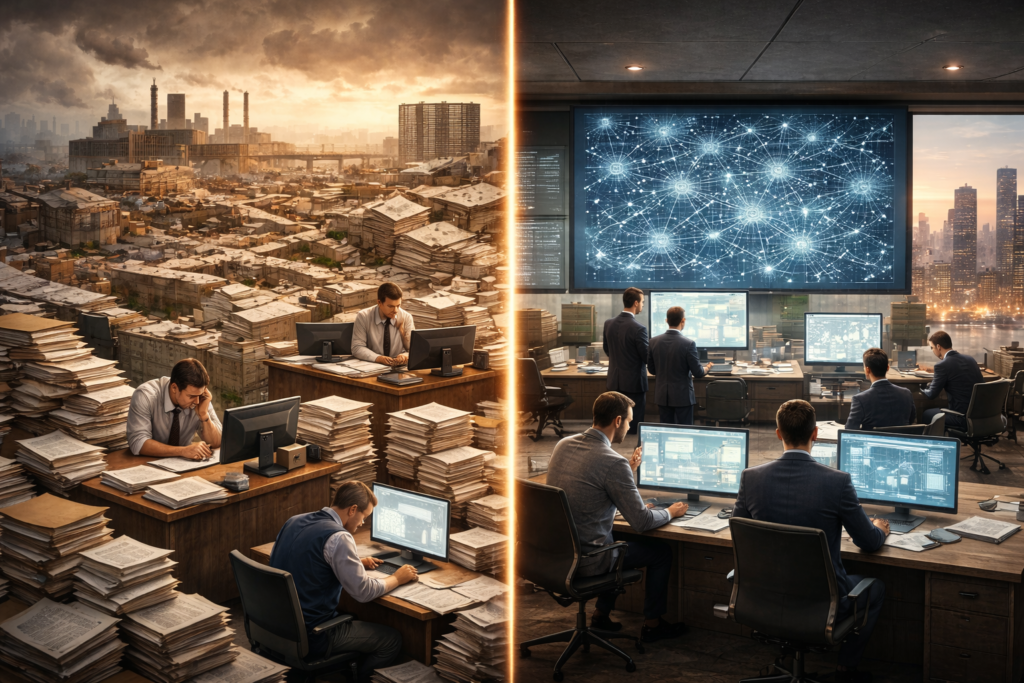 Bureaucratic chaos contrasted with AI-driven governance system