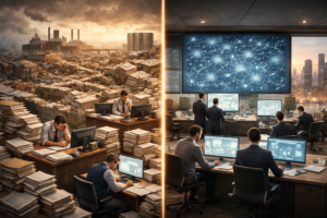 Bureaucratic chaos contrasted with AI-driven governance system