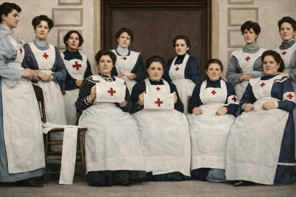 Uruguayan Red Cross nurses group during the 1904 civil war posing in uniform with red cross armbands