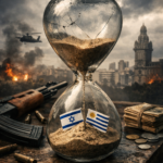Cracked hourglass with sand falling over small Israeli and Uruguayan flags, symbolizing political pressure and limited time