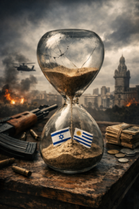 Cracked hourglass with sand falling over small Israeli and Uruguayan flags, symbolizing political pressure and limited time
