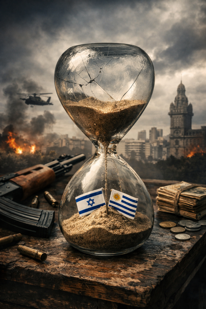 Cracked hourglass with sand falling over small Israeli and Uruguayan flags, symbolizing political pressure and limited time