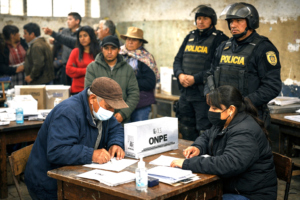 South American polling station with voters and police presence showing tension and institutional fragility
