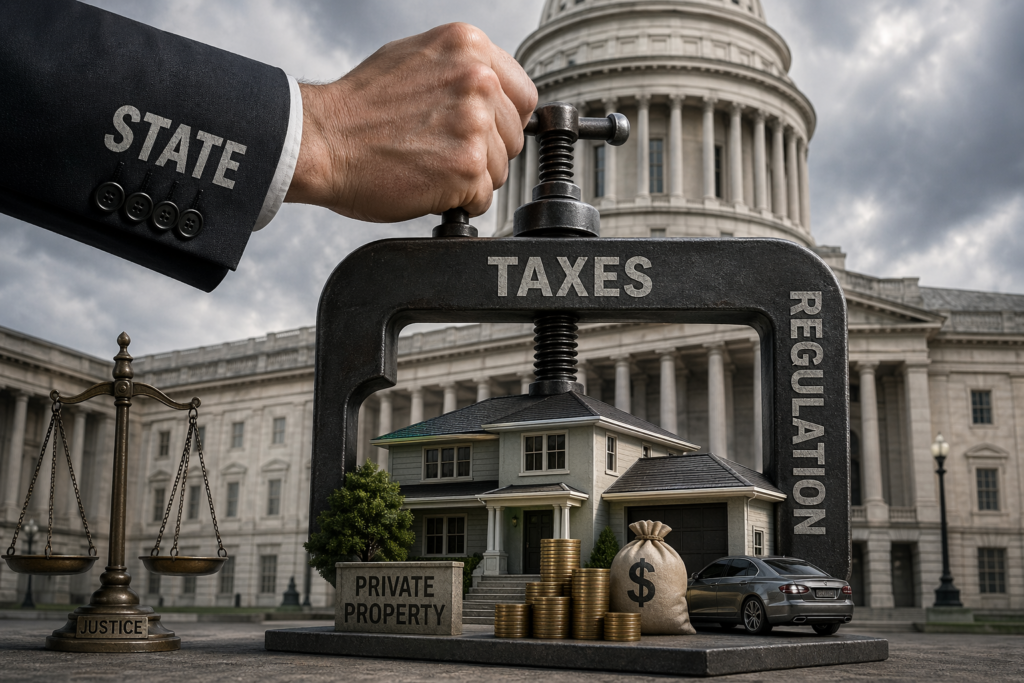Conceptual image of tension between state power and private property rights