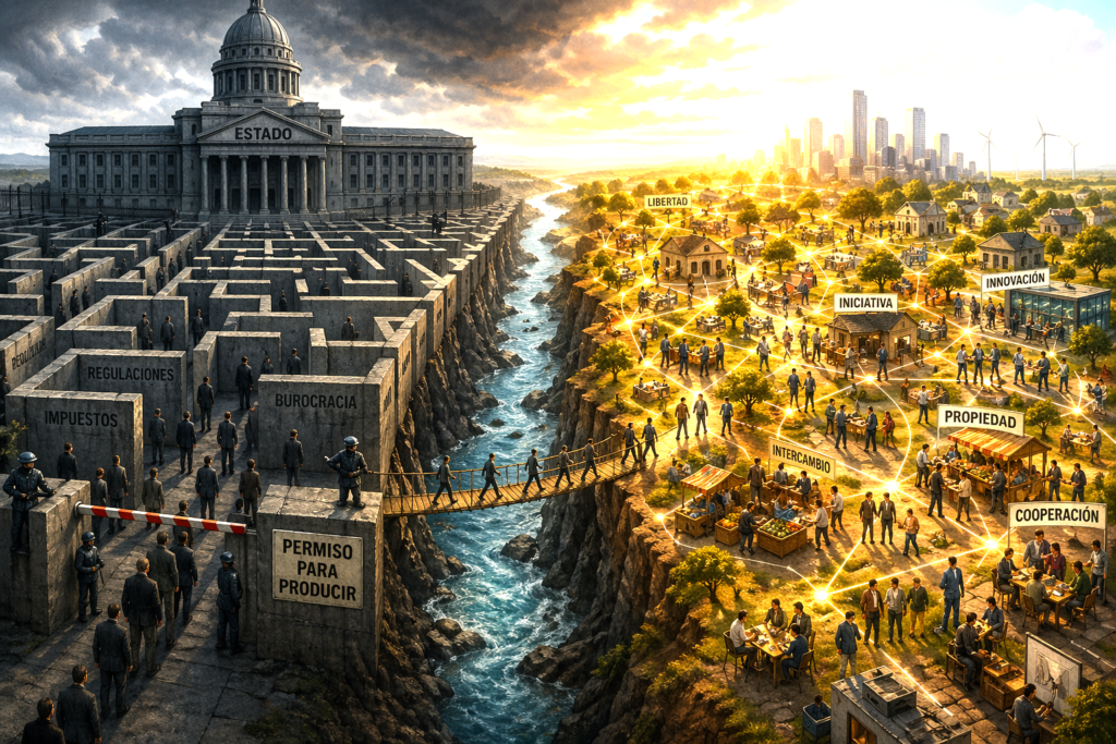 Conceptual contrast between centralized state control and decentralized free market dynamics