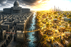 Conceptual contrast between centralized state control and decentralized free market dynamics