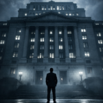 Government building towering over a small individual symbolizing state power over citizens