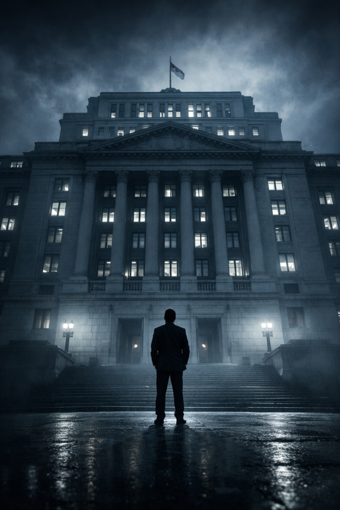 Government building towering over a small individual symbolizing state power over citizens