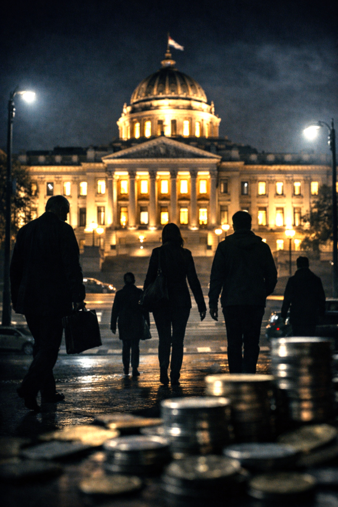 Government building illuminated at night with citizens in shadow representing taxation burden