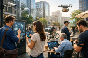 People interacting independently with decentralized technology in a modern city