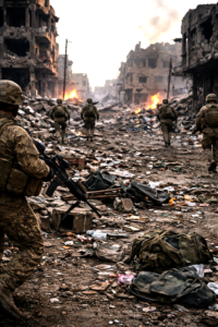 Soldiers advancing through a heavily damaged urban battlefield with fires and debris, capturing the reality of modern warfare