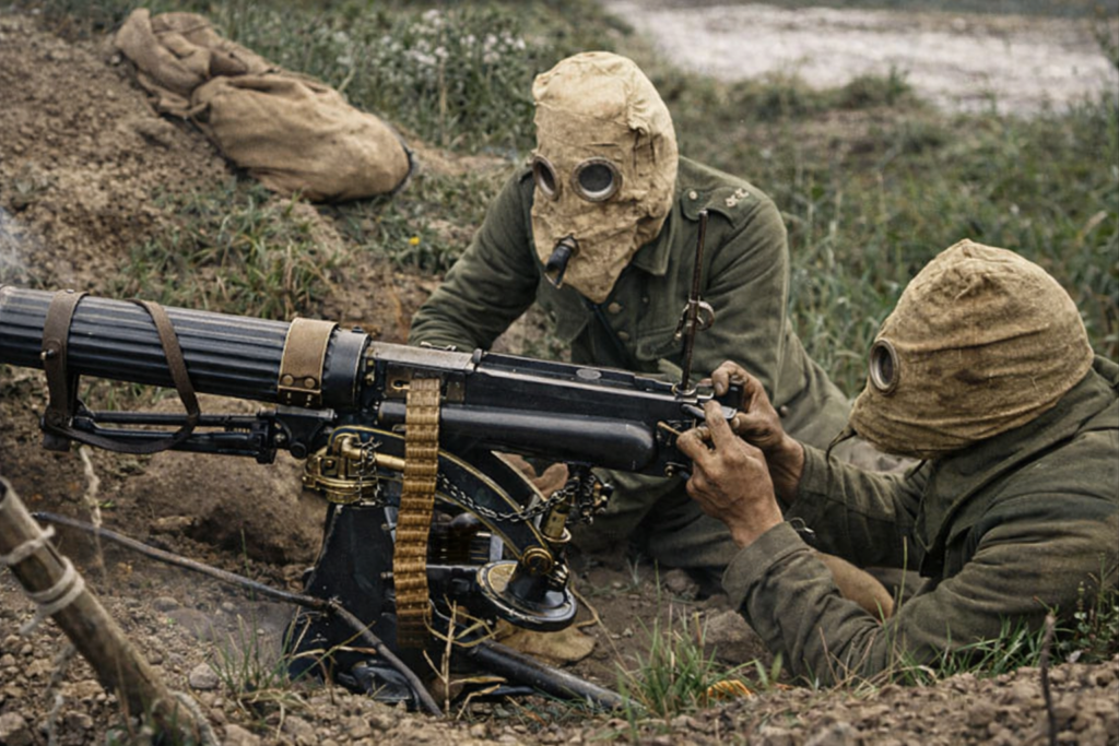 World War I soldiers with gas masks operating a machine gun in trench warfare