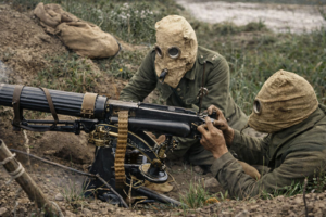 World War I soldiers with gas masks operating a machine gun in trench warfare