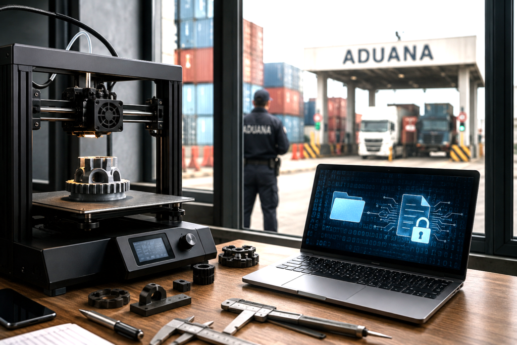 3D printer producing a component with customs containers blurred in the background.