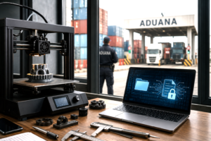 3D printer producing a component with customs containers blurred in the background.