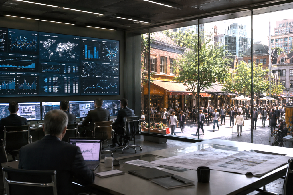 Central planning room contrasted with a living market street.