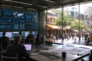 Central planning room contrasted with a living market street.