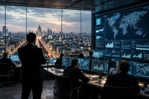 Technocratic control room overlooking a living city as a symbol of algorithmic planning versus spontaneous order