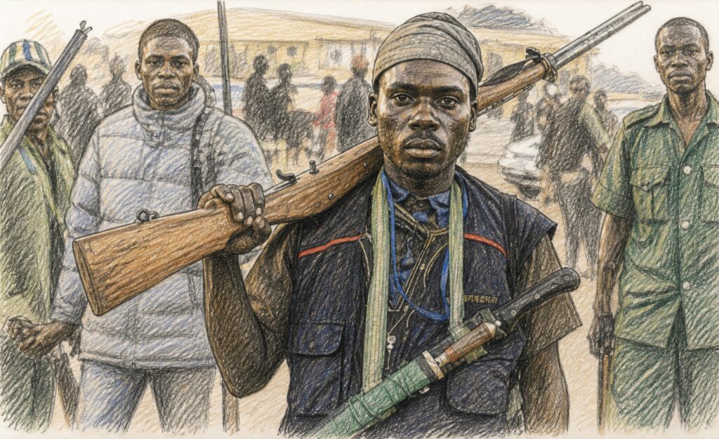 Armed militant group in an urban setting, illustrated in a sober editorial style.