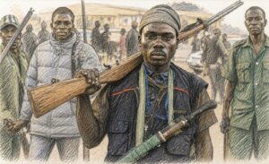 Armed militant group in an urban setting, illustrated in a sober editorial style.