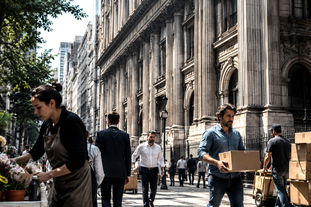 Entrepreneurs and workers moving through a city near a massive government building.
