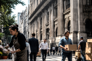 Entrepreneurs and workers moving through a city near a massive government building.