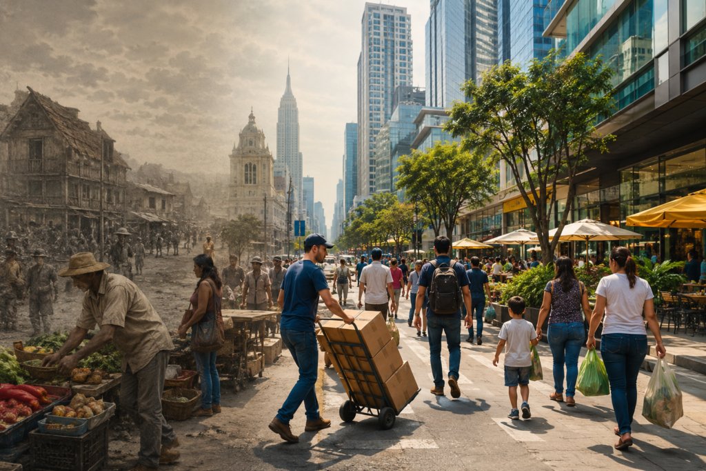 Ordinary workers and entrepreneurs in a modern city symbolizing capitalism, prosperity and social mobility.