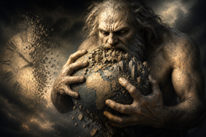 Ancient titan figure symbolizing Cronos holding and consuming a fractured world, representing the collapse of global order and the passage of time