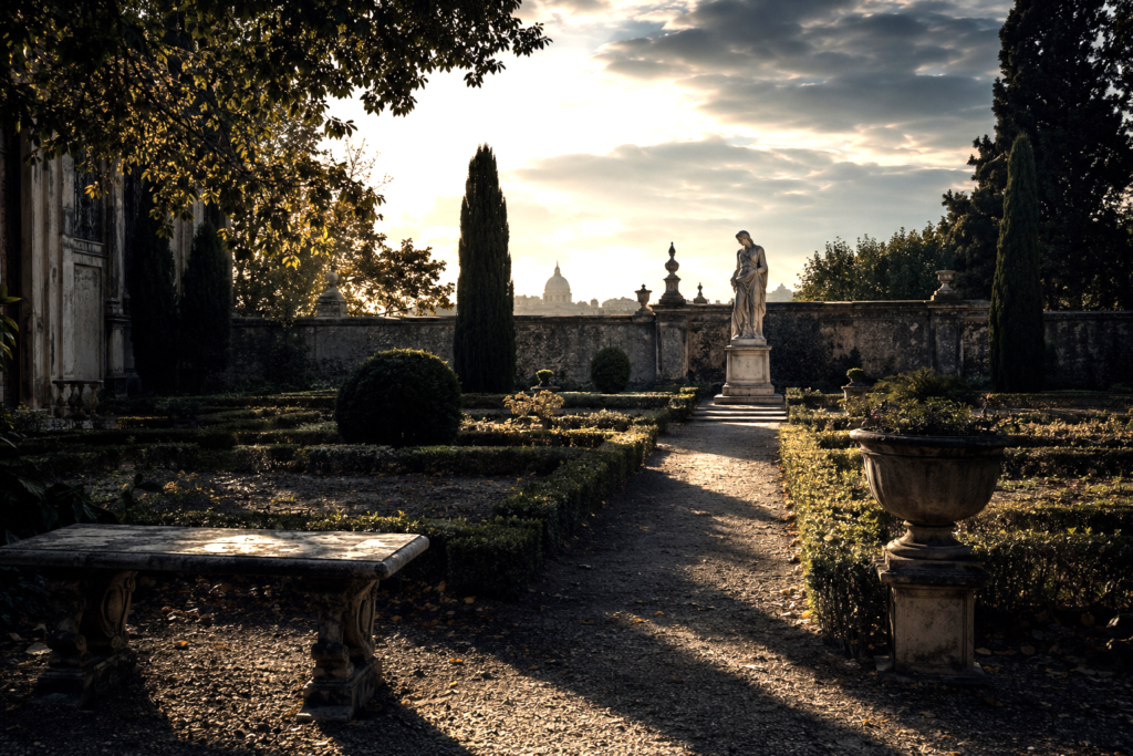 Classical garden with long shadows suggesting the tension between truth, ideology and political power.