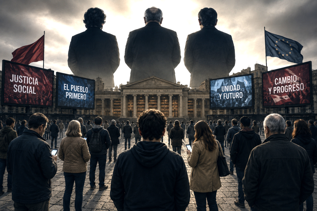 Citizens standing still before political shadows and blurred public slogans, symbolizing cognitive paralysis and ideological power.