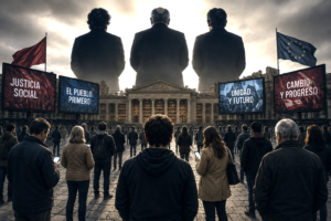 Citizens standing still before political shadows and blurred public slogans, symbolizing cognitive paralysis and ideological power.