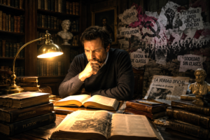 Man reflecting alone in a classical library surrounded by ideological symbols