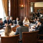 Moderate politicians debating while organized ideological operatives influence institutions in the background