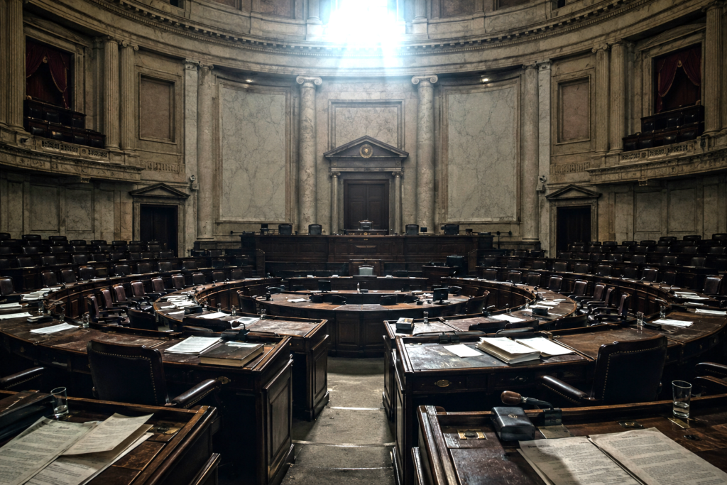 Empty institutional chamber suggesting political paralysis and erosion of public judgment.